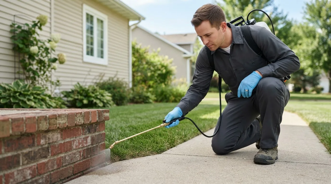 Pest control technician treating a home near Cromwell, IA