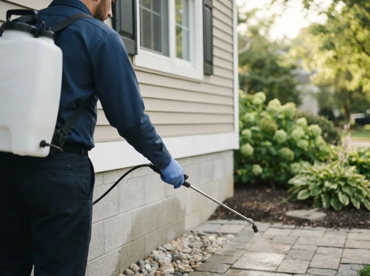 Pest control technician inspecting a home in Cromwell, IA